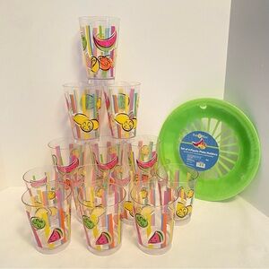 Vintage Plastic Fruit Tumblers & Paper Plate Holder Set